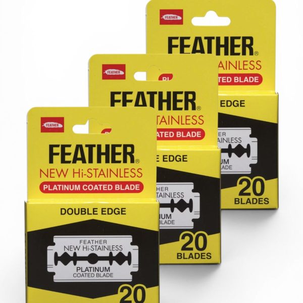 Cuchilla Doble Filo De Acero Inoxidable Recubierta Con Platino Feather Stainless Steel - 3 Dispensadores de 20 Cuchillas