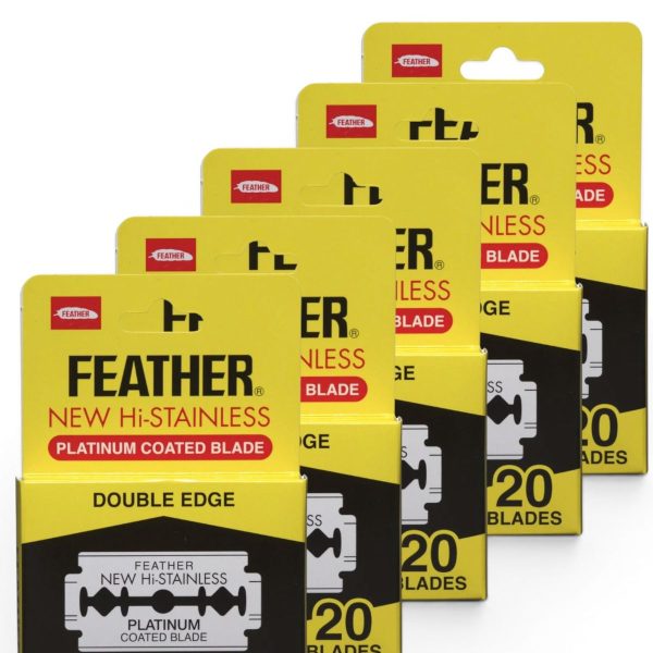 Cuchilla Doble Filo De Acero Inoxidable Recubierta Con Platino Feather Stainless Steel - 5 Dispensadores de 20 Cuchillas